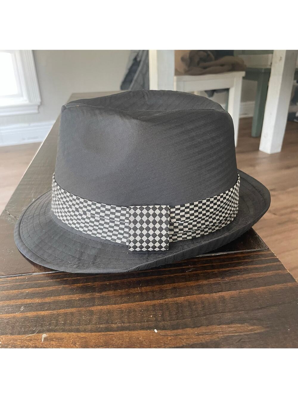 Black Fedora Trilby Style Hat Checkerboard Band Ska Retro Jazz Statement Fashion